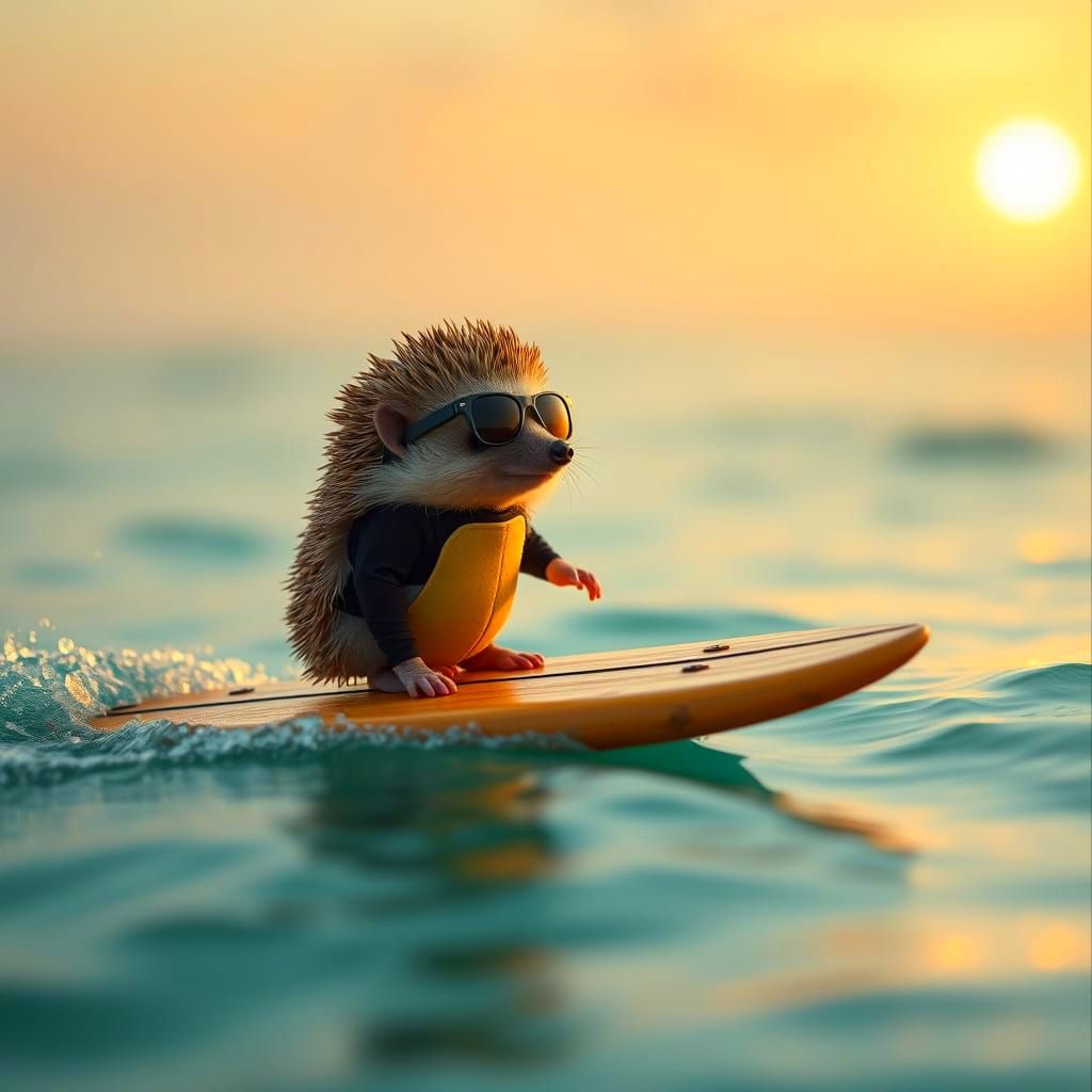 Cute Hedgehog Rides Surfboard in Cinematic Film Style