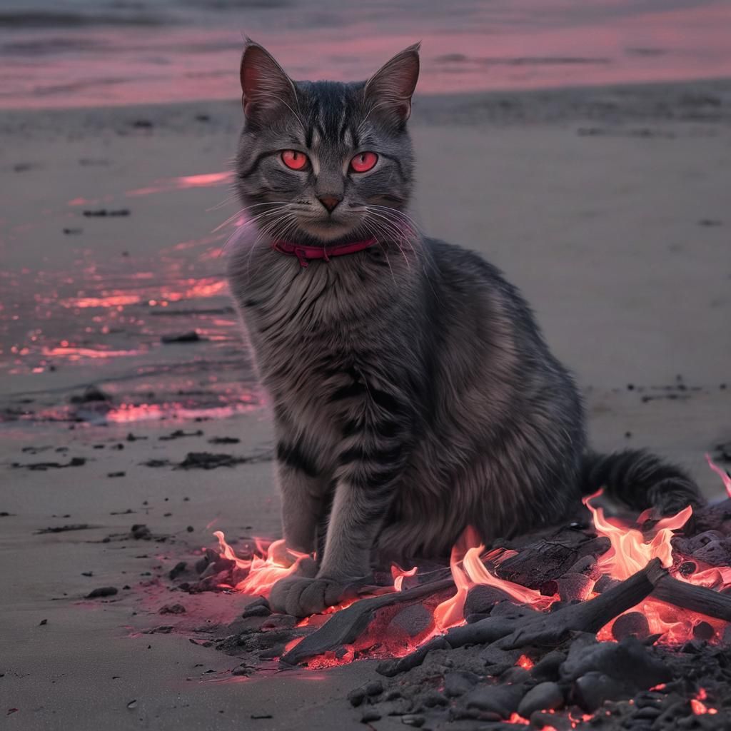 Sunset Bonfire Scene with Cat in Hyperrealistic Style