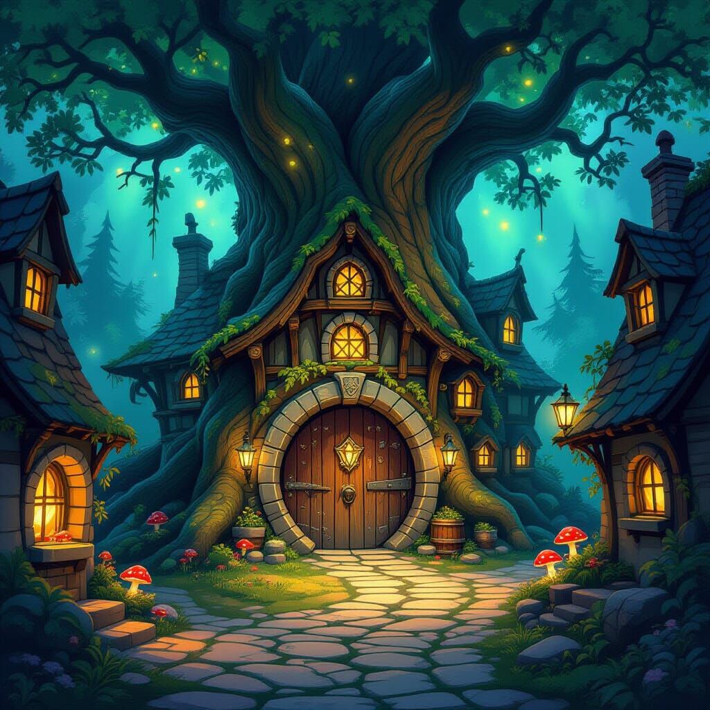 Fantastical Tavern in Ancient Tree Roots, Storybook Style