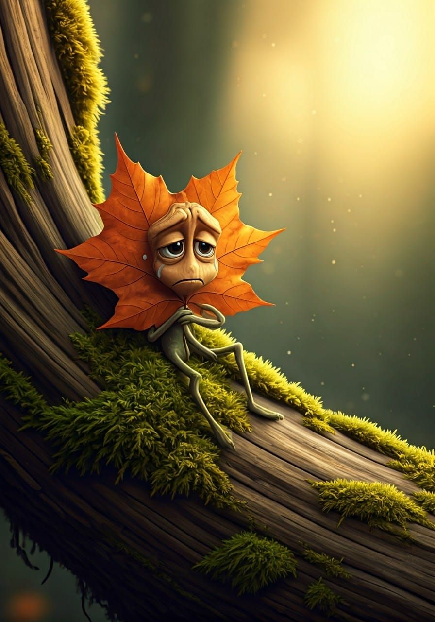 Whimsical Autumn Leaf Sprite with Mournful Eyes
