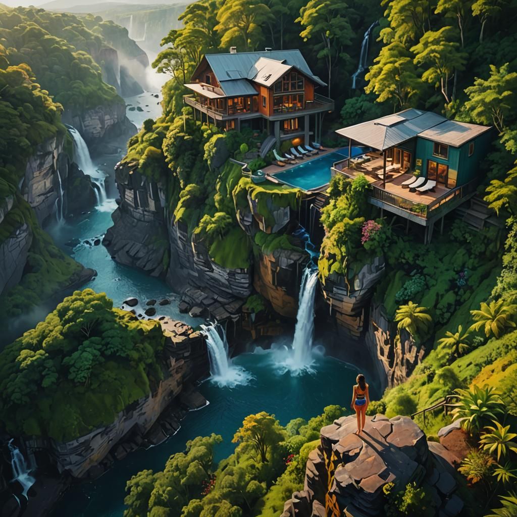 Cliffside House with Waterfalls in Van Gogh Style