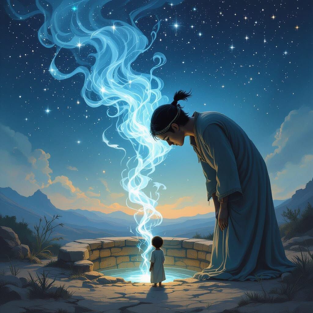 Ethereal Jinn Dissolves Into Blue Smoke Above Starry Night