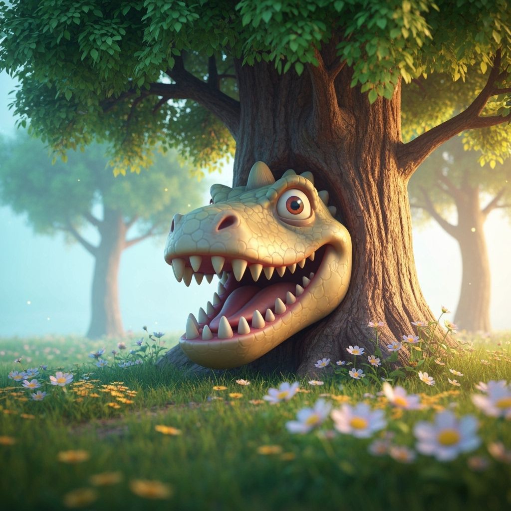 Dinosaur Tree Sculpture in a Flowering Forest