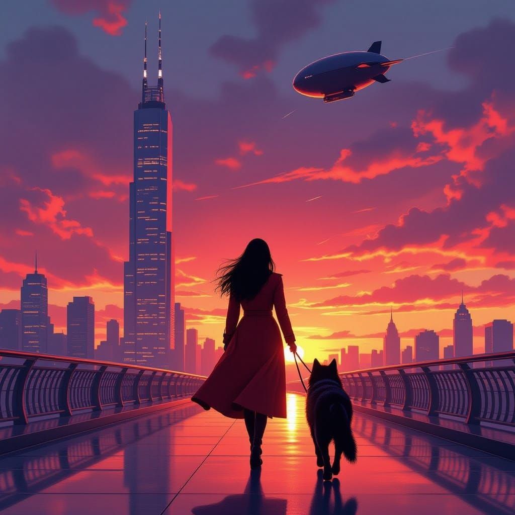 Woman and Wolf on Bridge to Skyscraper in Retro-Futuristic S...