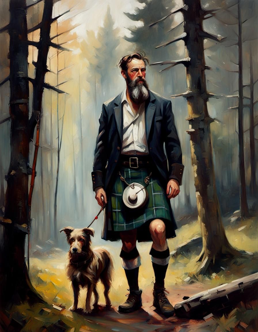 Bearded Man in Kilt, Moody Lighting, Oil Painting