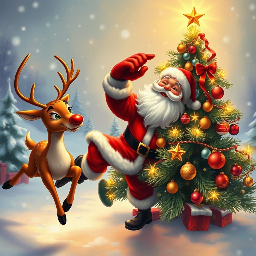 Rudolph, bums Santa into the Christmas Tree
