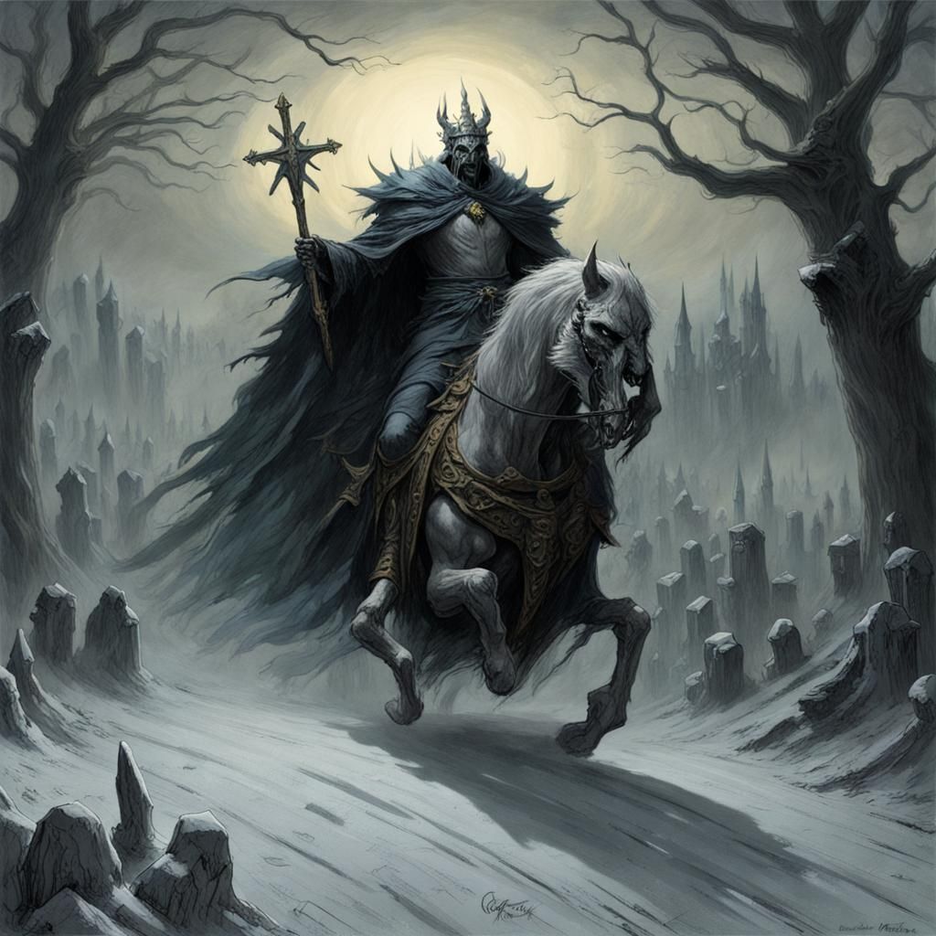 Lich King Rides in Cemetery: Gothic Horror Art