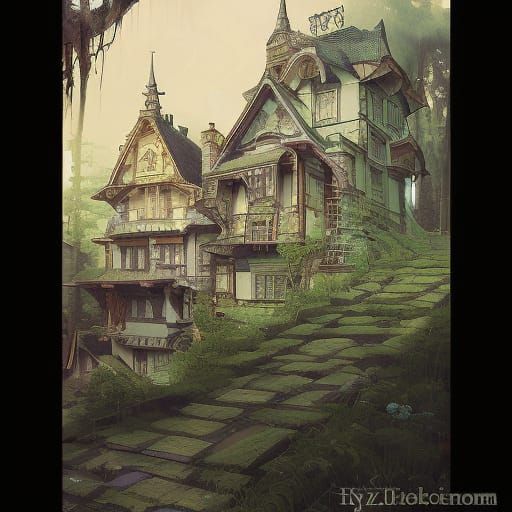 Victorian Houses on Hill in Intricate Painting Style