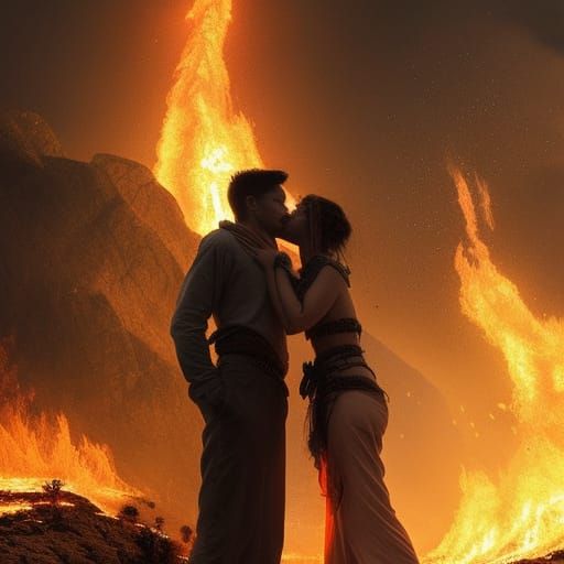 Couple's Fiery Kiss: Epic Digital Matte Painting