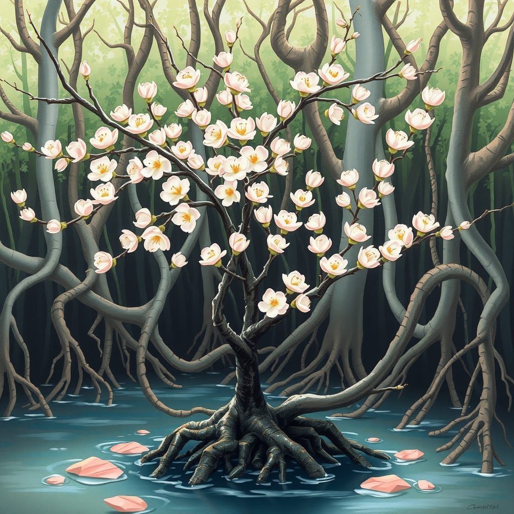 Surreal Cherry Blossom Tree in Mangrove Forest