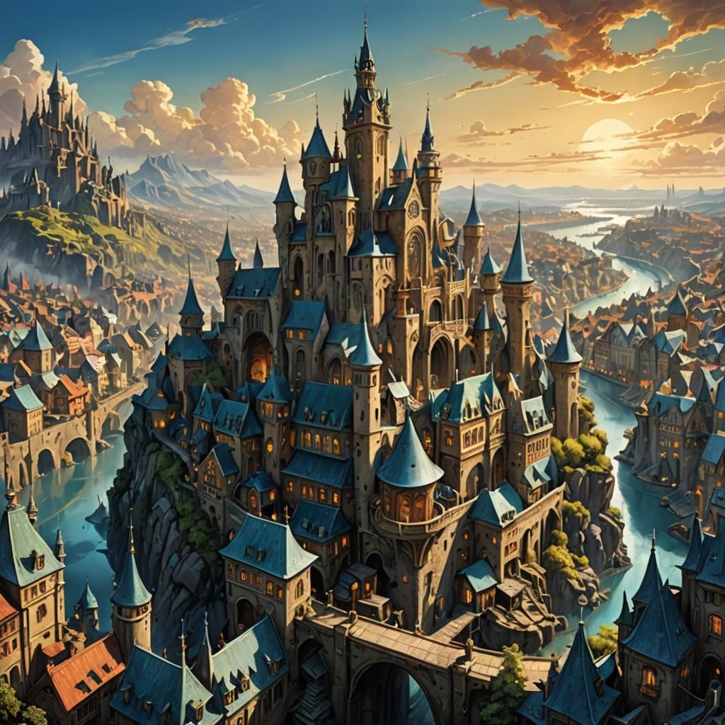 Fantasy Cityscape Ink Painting in Soft Colors