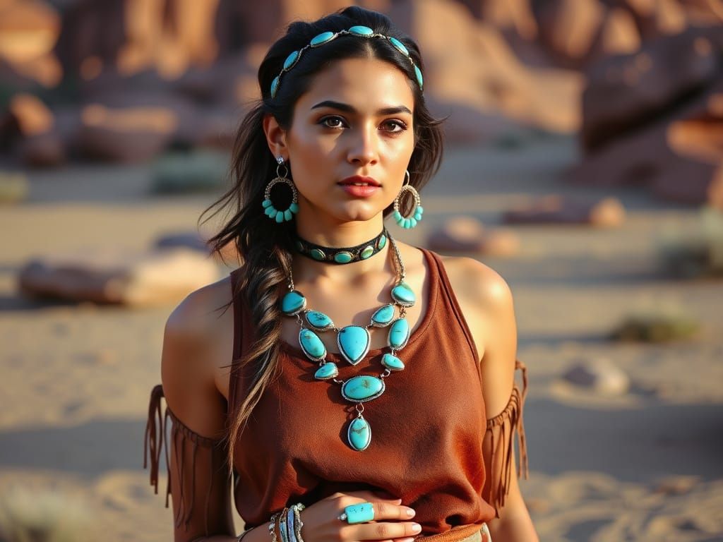 Native American Woman in Turquoise Jewelry at Golden Hour