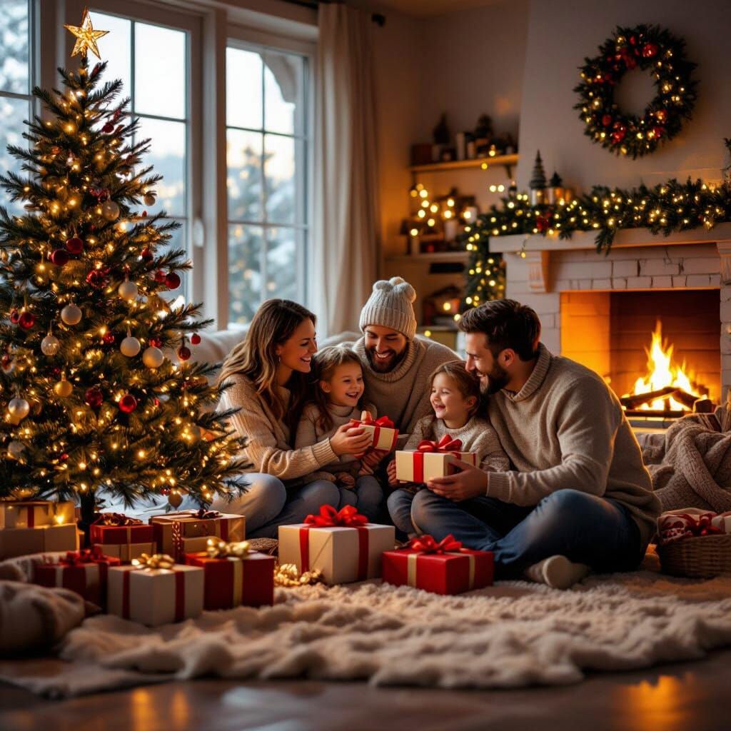 Cozy Christmas Living Room Scene with Family