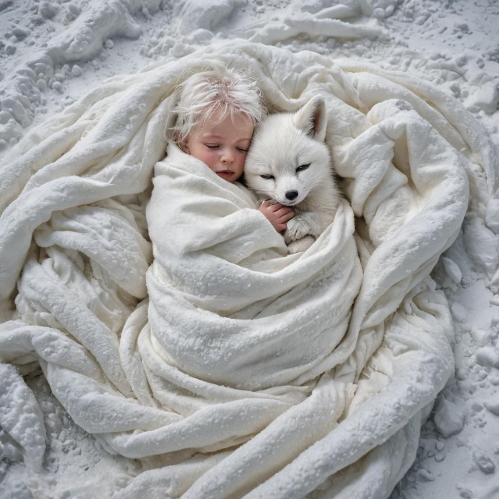 Baby and Fox Snuggle in Blizzard: Hyperrealistic Alcohol Ink