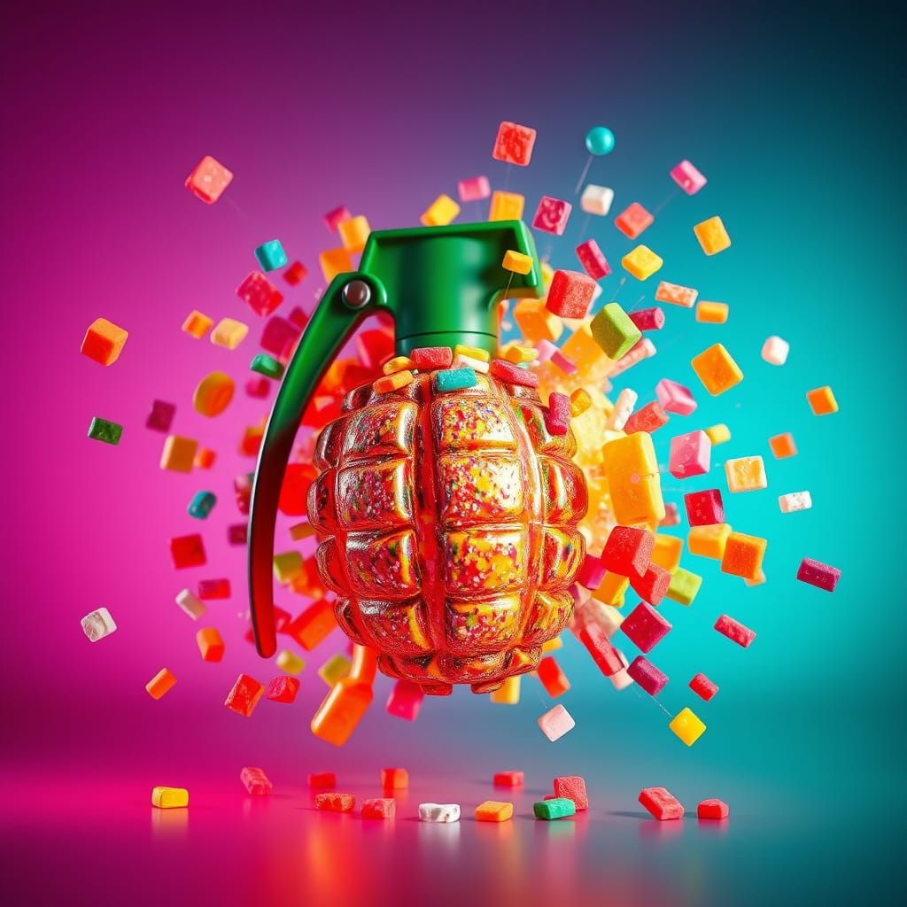 Candy Grenade Explosion in Futuristic Digital Art Style