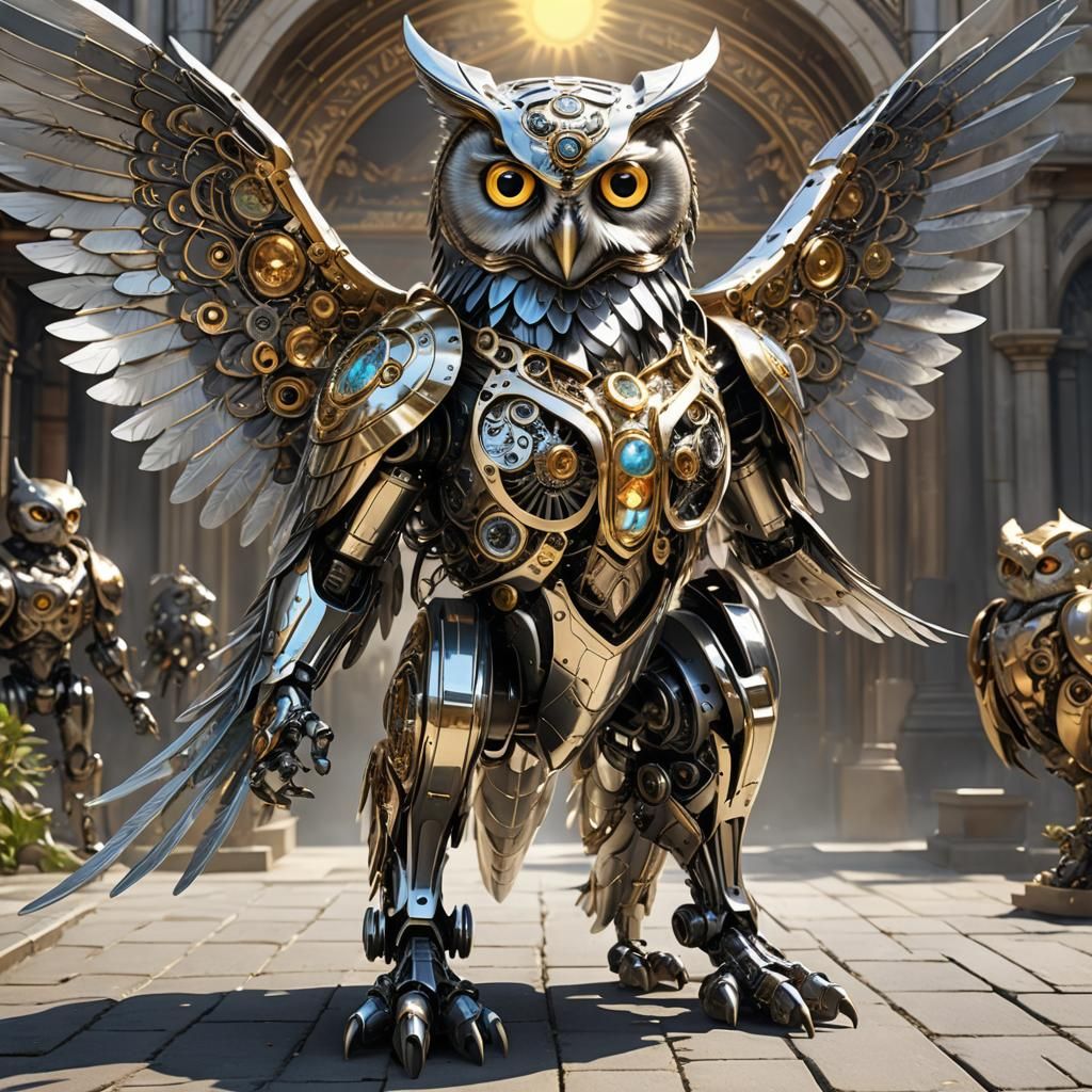 Majestic Robotic Feline-Owl Hybrid with Metallic Details