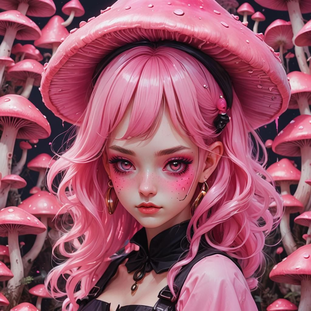 Neon Mushroom Witch Girl with Pink Hair