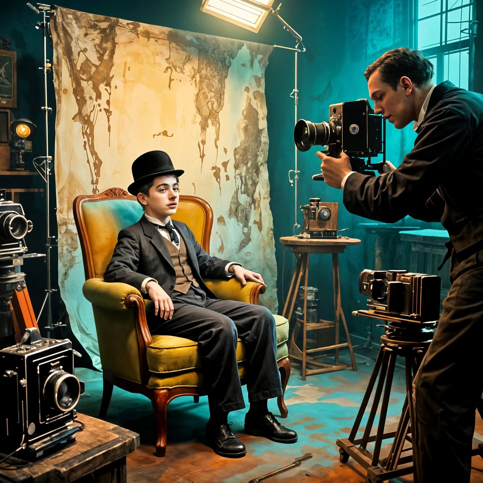 Young Charlie Chaplin in Surreal 1920s Photo Studio