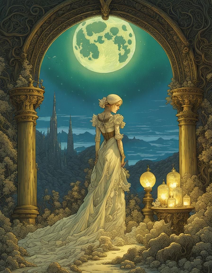 Golden Skull Hourglass Under Aurora in Matte Painting