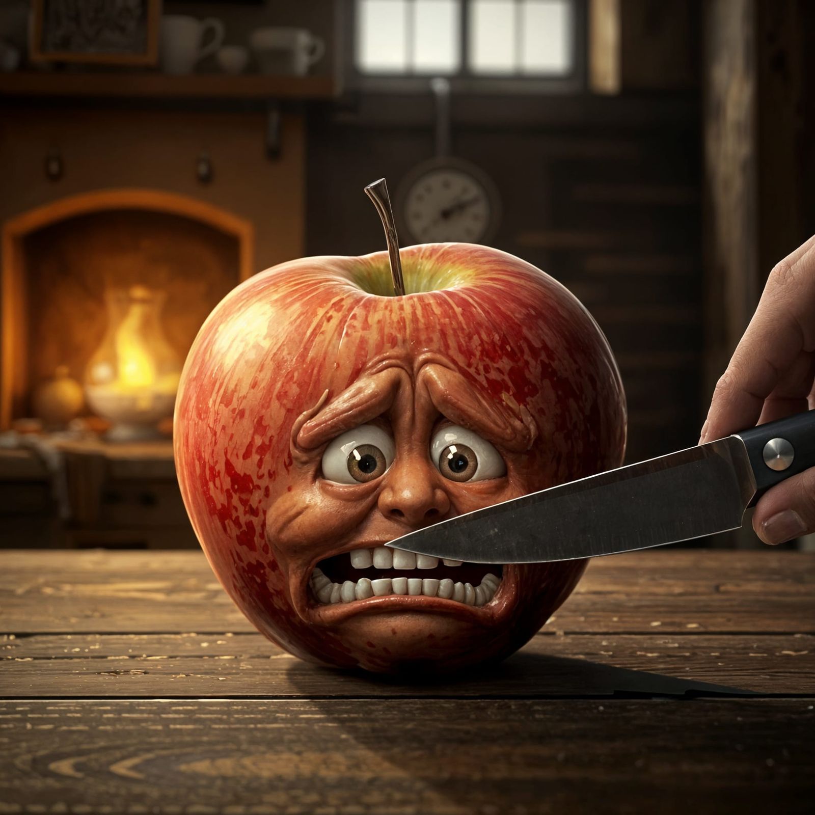 Adorable Apple in Kitchen Nightmare Scene in Hyperdetailed U...