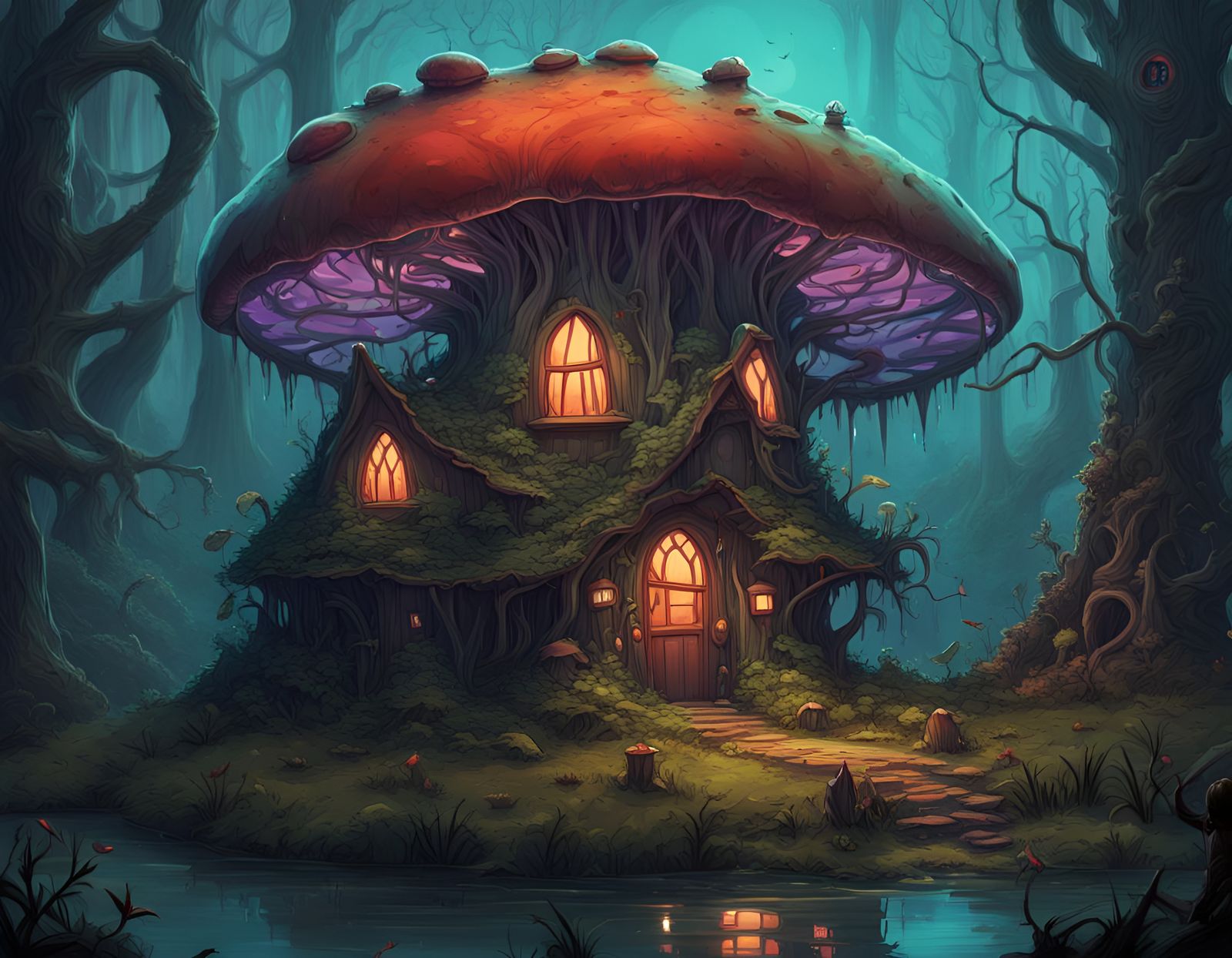 Bioluminescent Mushroom Witch House in Cursed Swamp