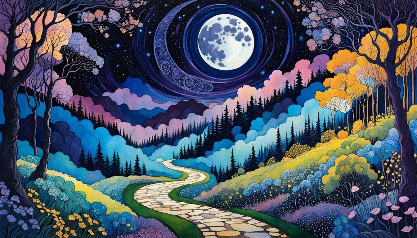 Mystical Starry Night Landscape in Klimt Style