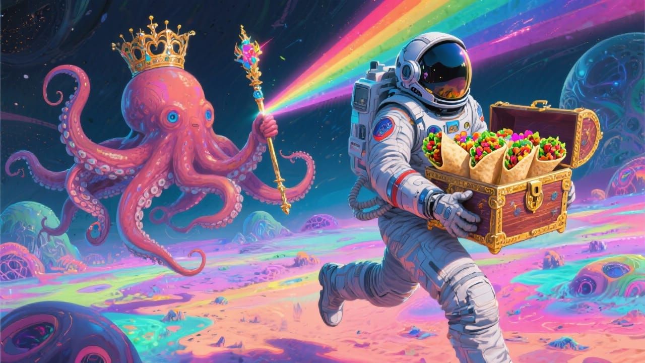 Astronaut Sprinting with Burritos on Alien Planet