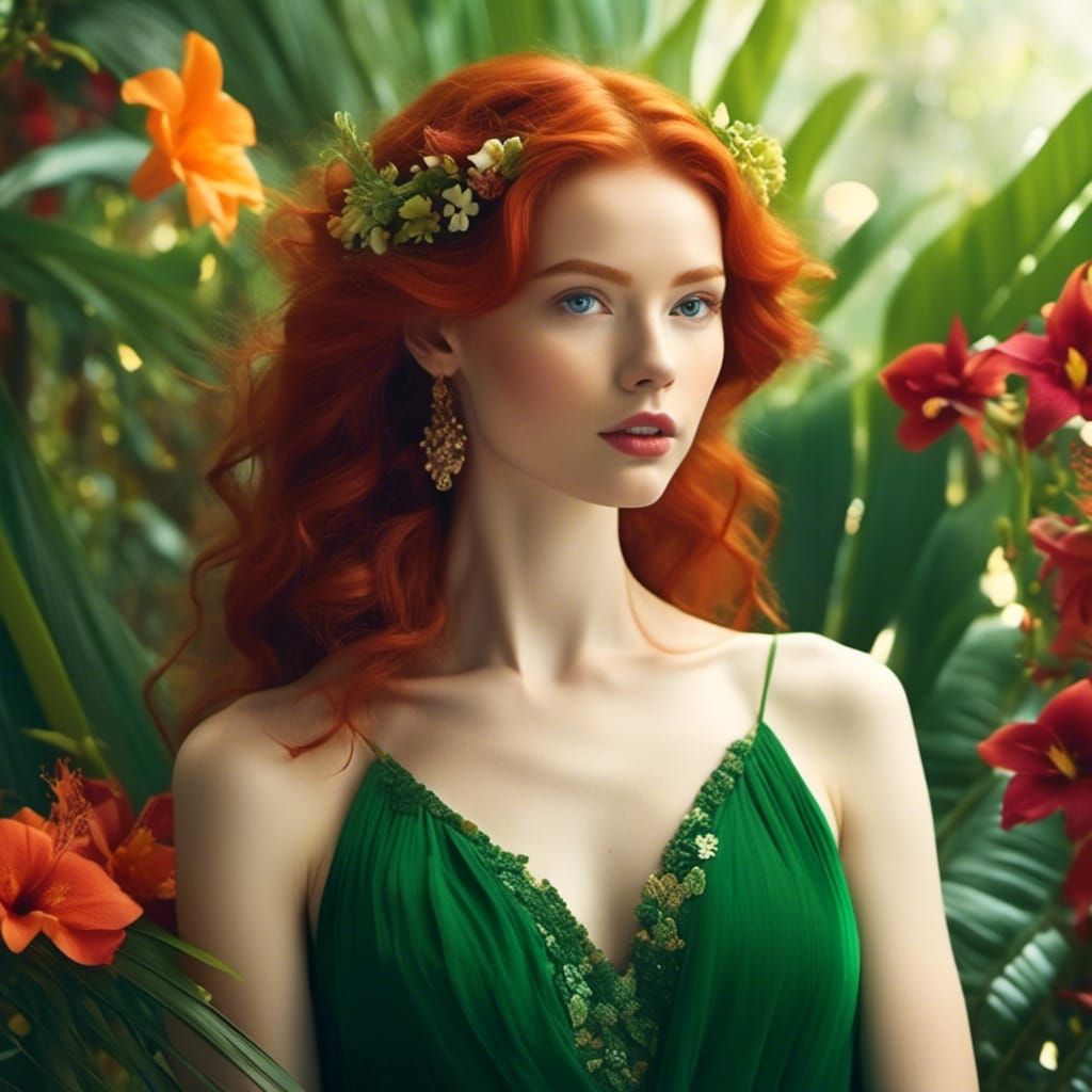 Red-Haired Beauty in Tropical Flower Garden