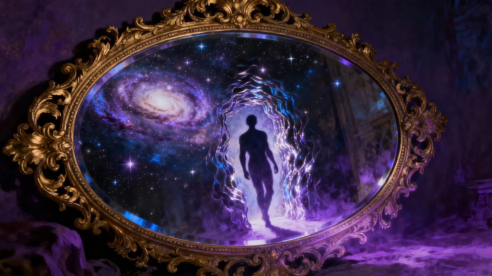 Mystical Mirror Reveals Shadowy Silhouette and Galaxy Reflec...