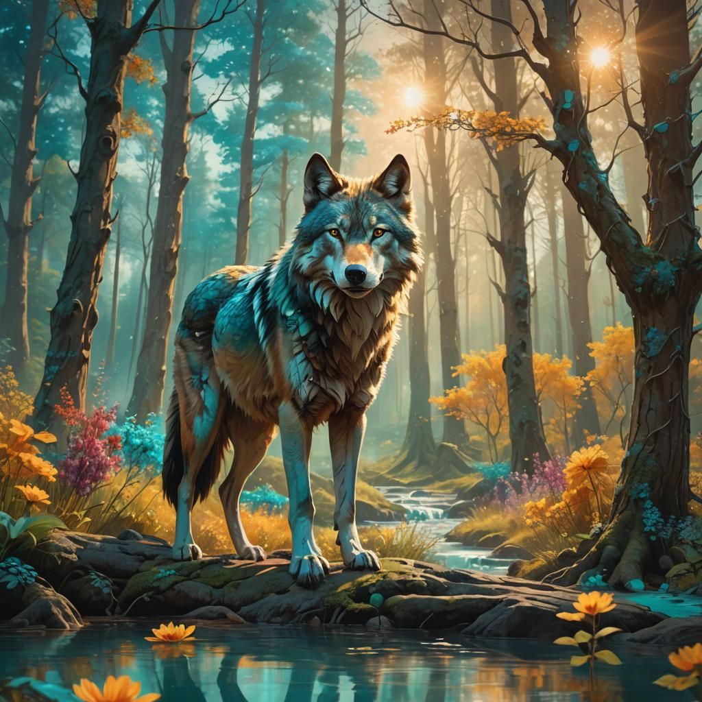 Wolf Made of Trees in Dreamlike Landscape