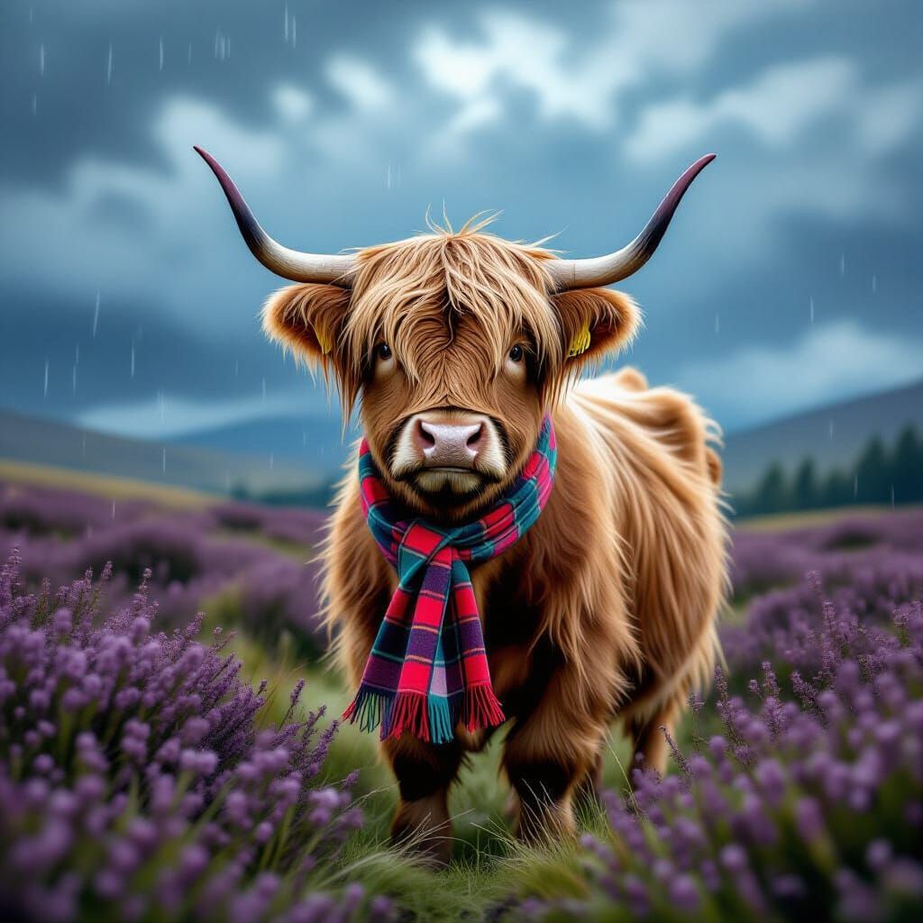Whimsical Highland Cow in Stormy Scottish Heather Field