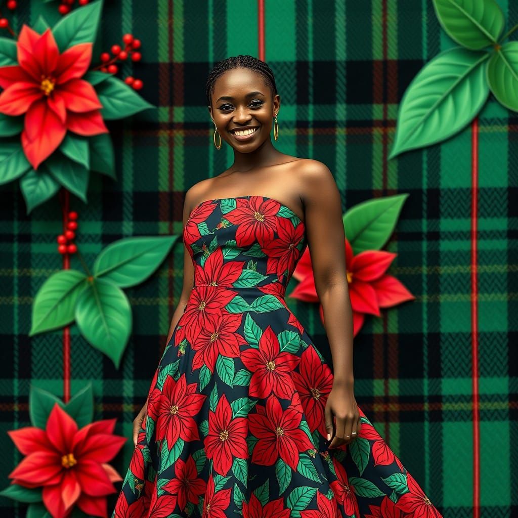Confident Black Woman Wearing Vibrant Poinsettias Evening Go...