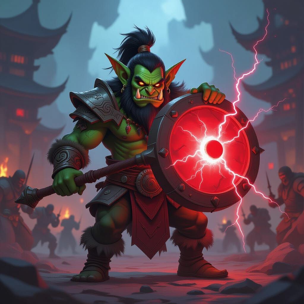 Goblin Shaman in Epic Battle with Glowing Shield