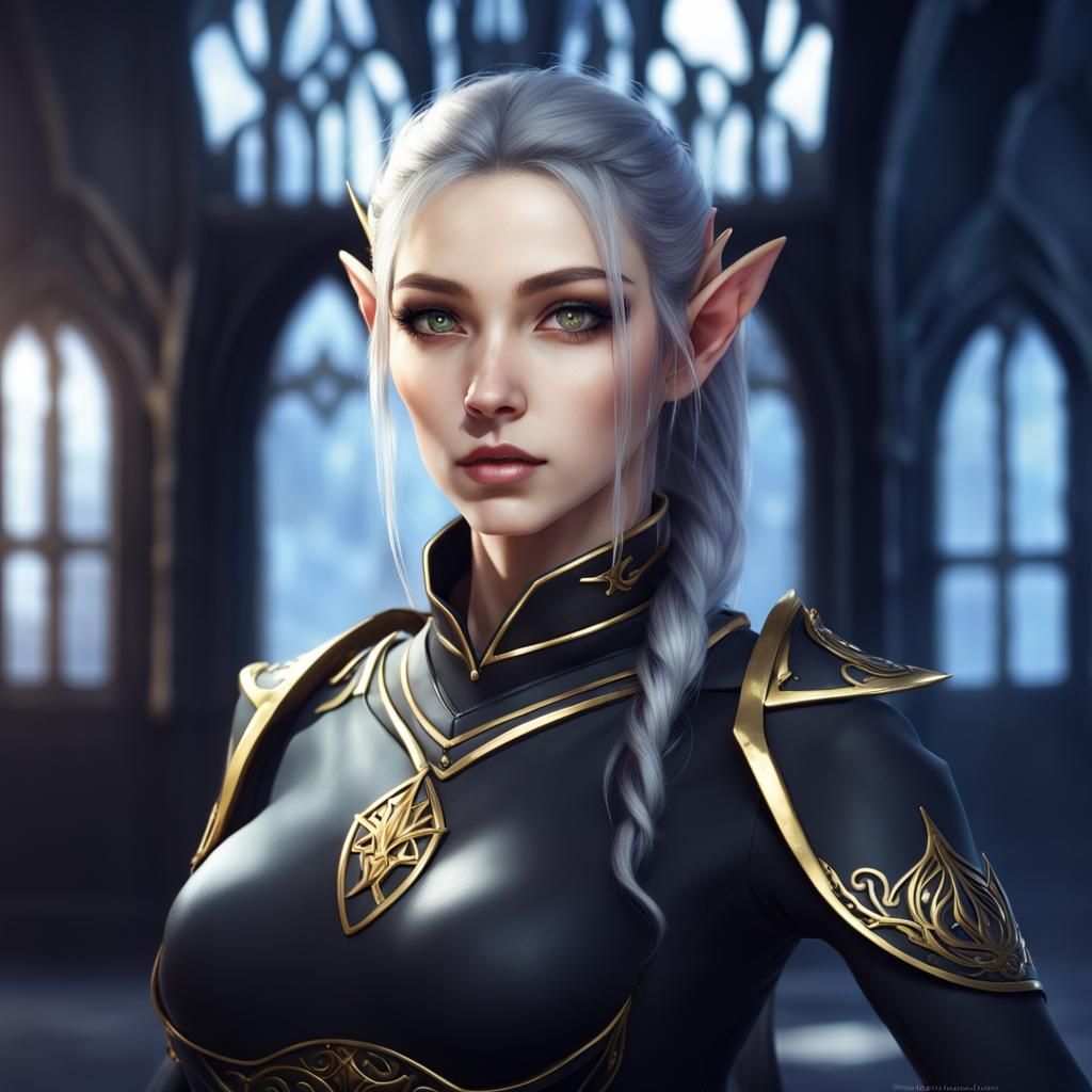 Elven Female Portrait with Black Hair and Gold Eyes