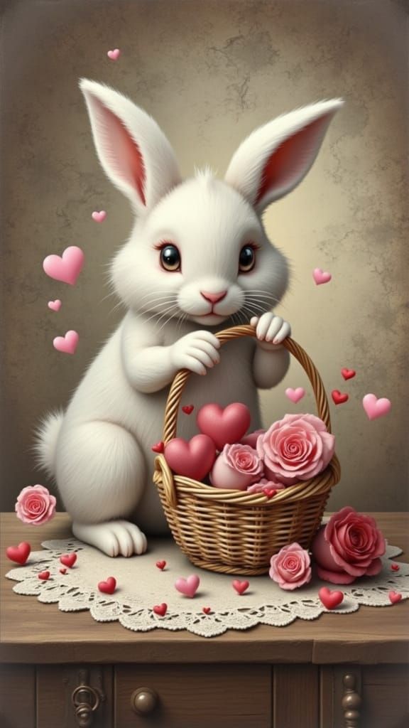 Fluffy White Bunny with Heart Basket in Vintage Style