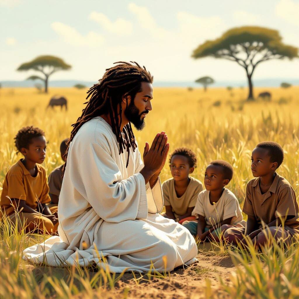 Jesus of African Descent Praying in Savannah Landscape