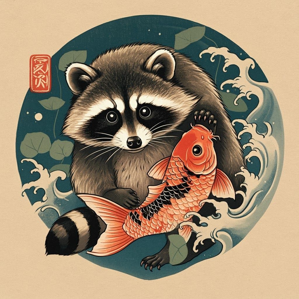 japanese woodcut inspired raccoon catching koi fish. tattoo....