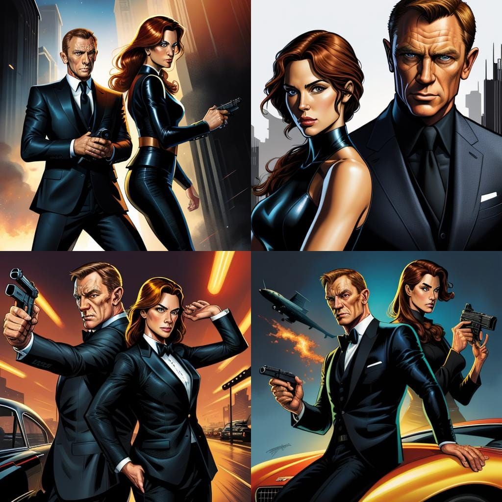 James Bond and Companion in Comic Book Art Style