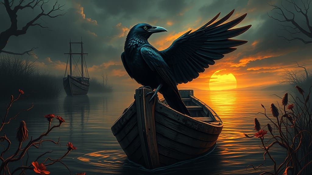 Raven on Decayed Boat in Swamp: Street Art Gothic Fantasy