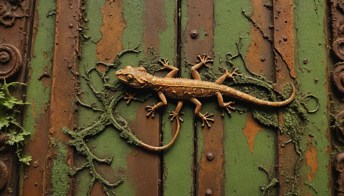 Gecko on Carved Door in Detailed Fantasy Scene