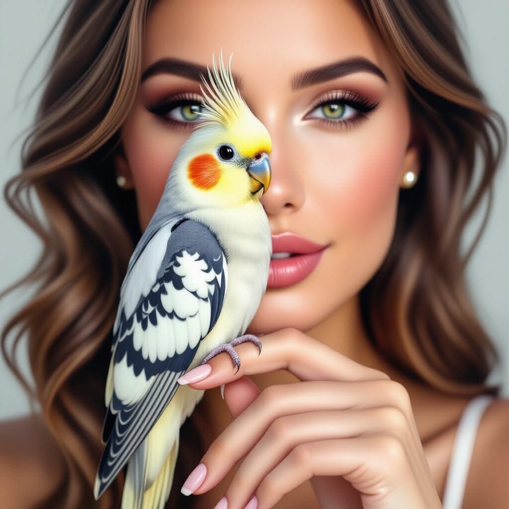 Cockatiel on a Woman's Finger: Pencil Sketch