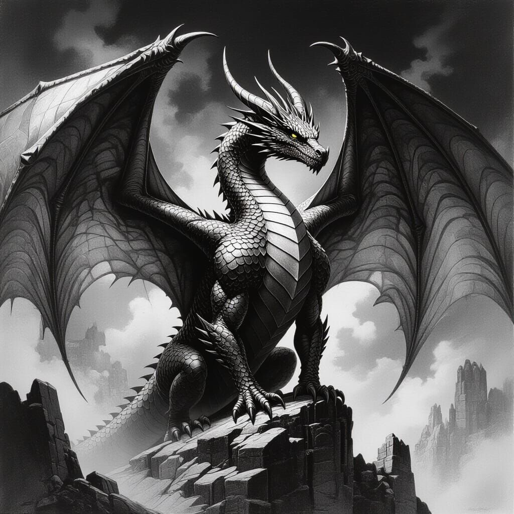 Majestic Dragon with Glistening Scales in Charcoal