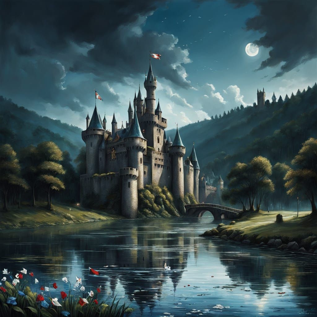 Majestic Medieval Stone Castle with Eerie Forest