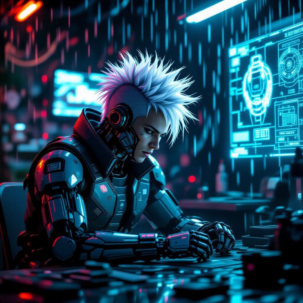 Cyberpunk Robot Technician in Neon Workshop