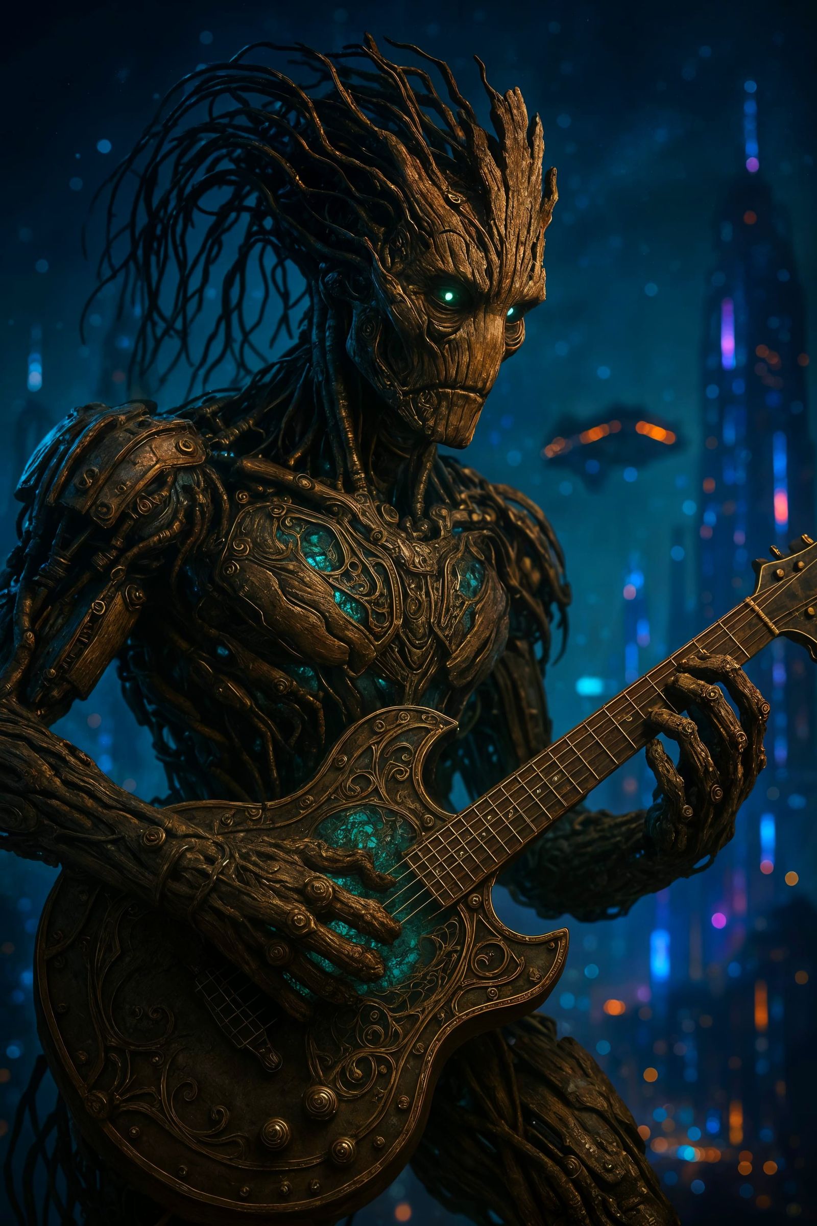 Steampunk Robotic Groot Plays Guitar in Cyberpunk City