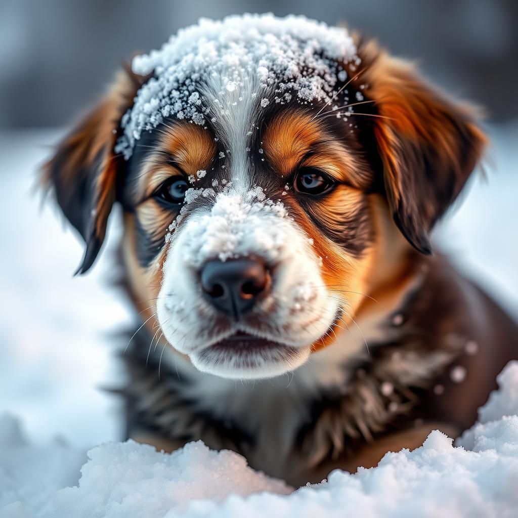 Puppy Portrait in Snow with Bokeh