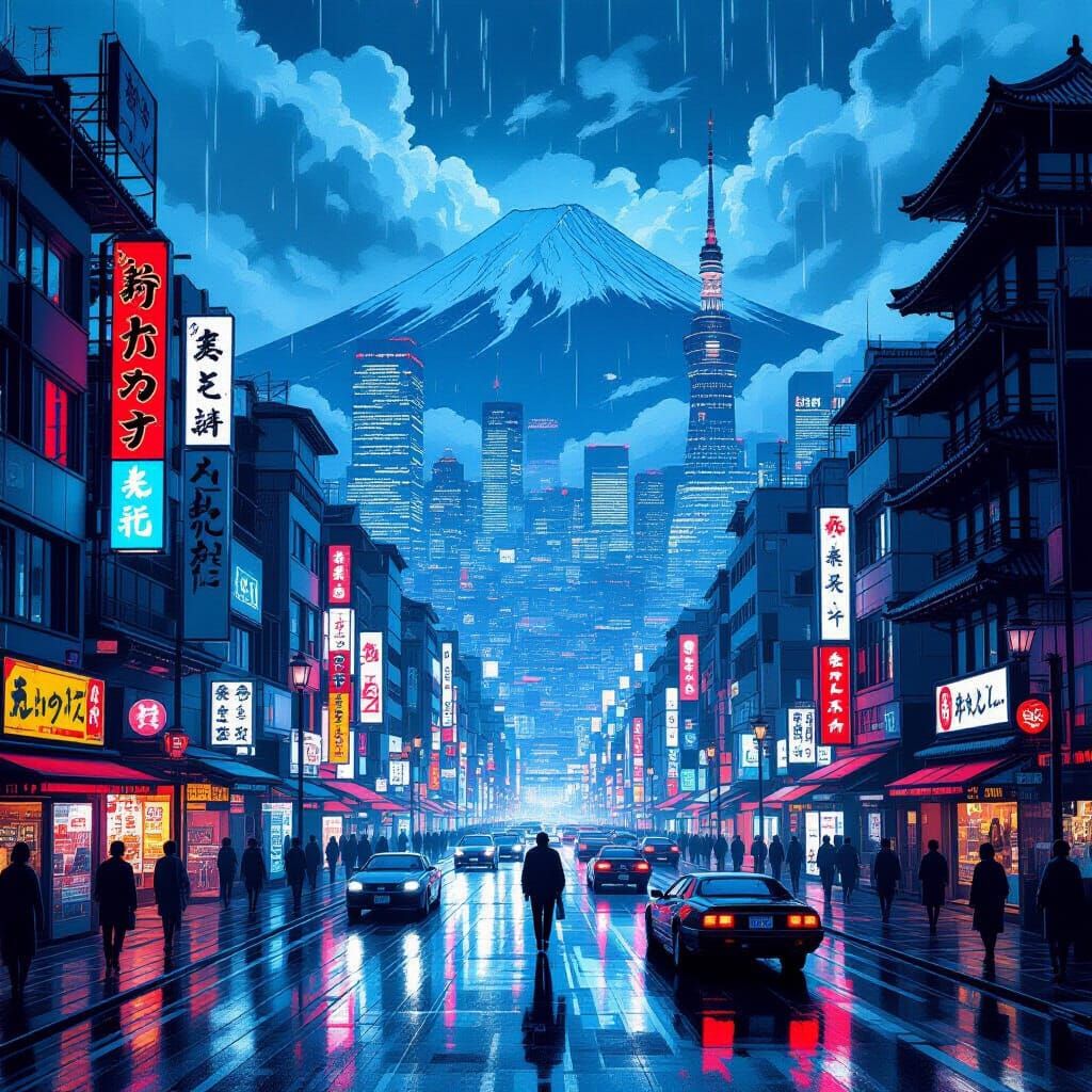 Akira Ukiyo-e Cyberpunk Cityscape with Iconic Characters