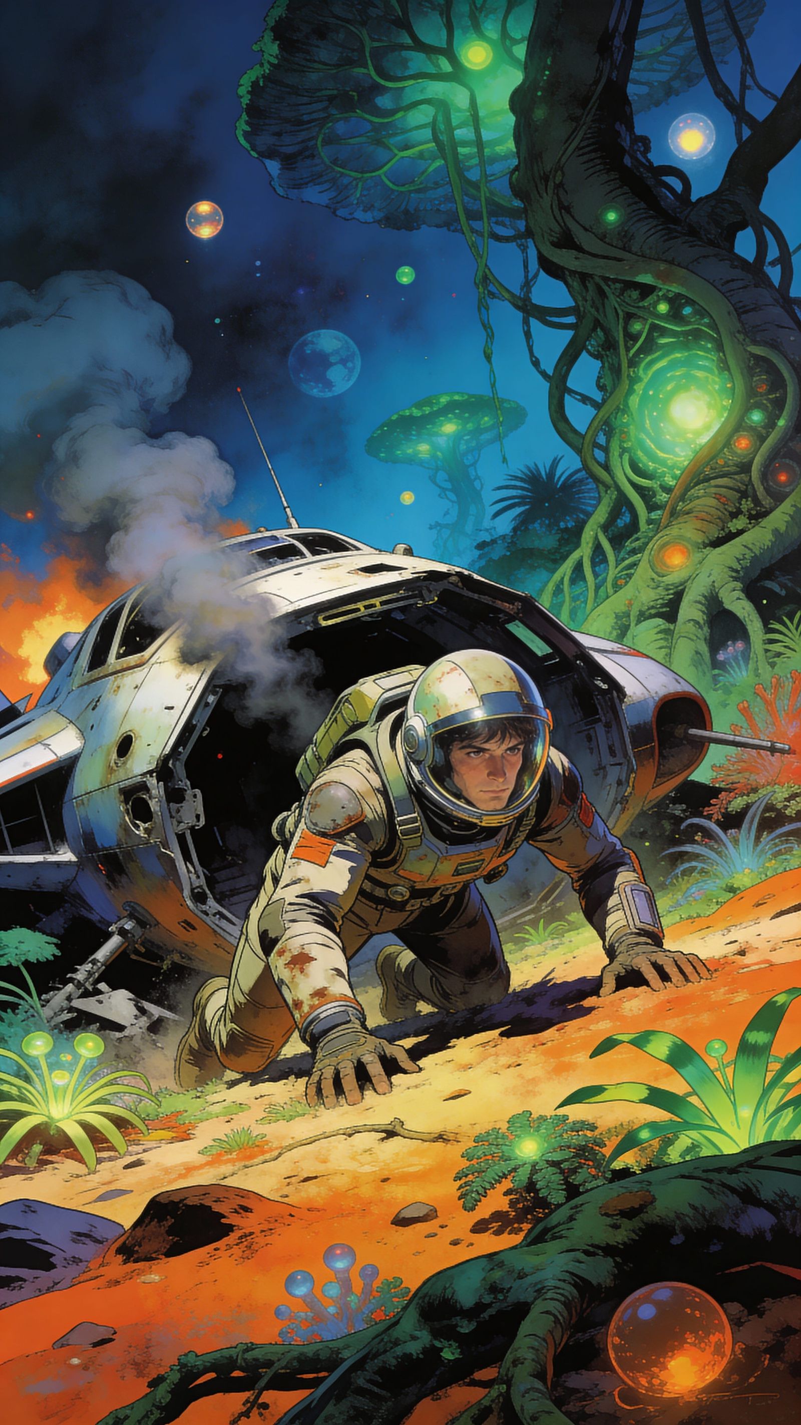 Sci-Fi Space Pilot Crawls From Crash in Vibrant Matte Painti...