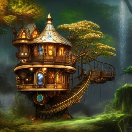 Luxury Steampunk Treehouse in Lush Jungle