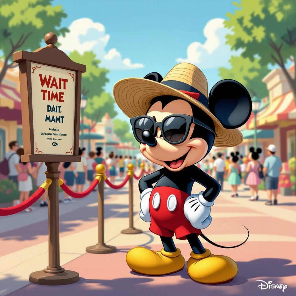 Mickey Mouse Impatiently Queues at Disney World in Disguise